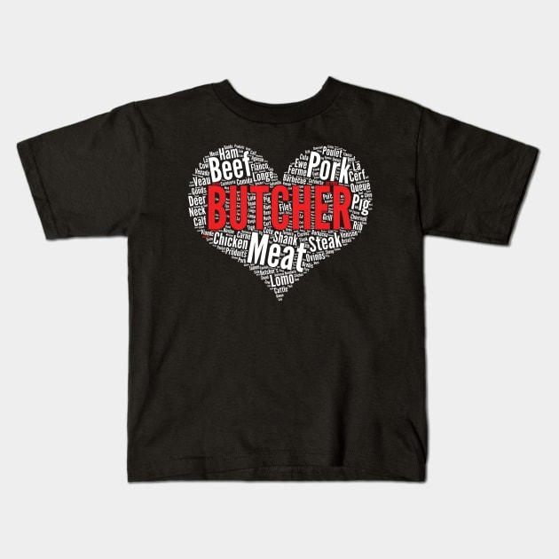 Butcher Heart Shape Word Cloud Design Meat Lover print Kids T-Shirt by theodoros20